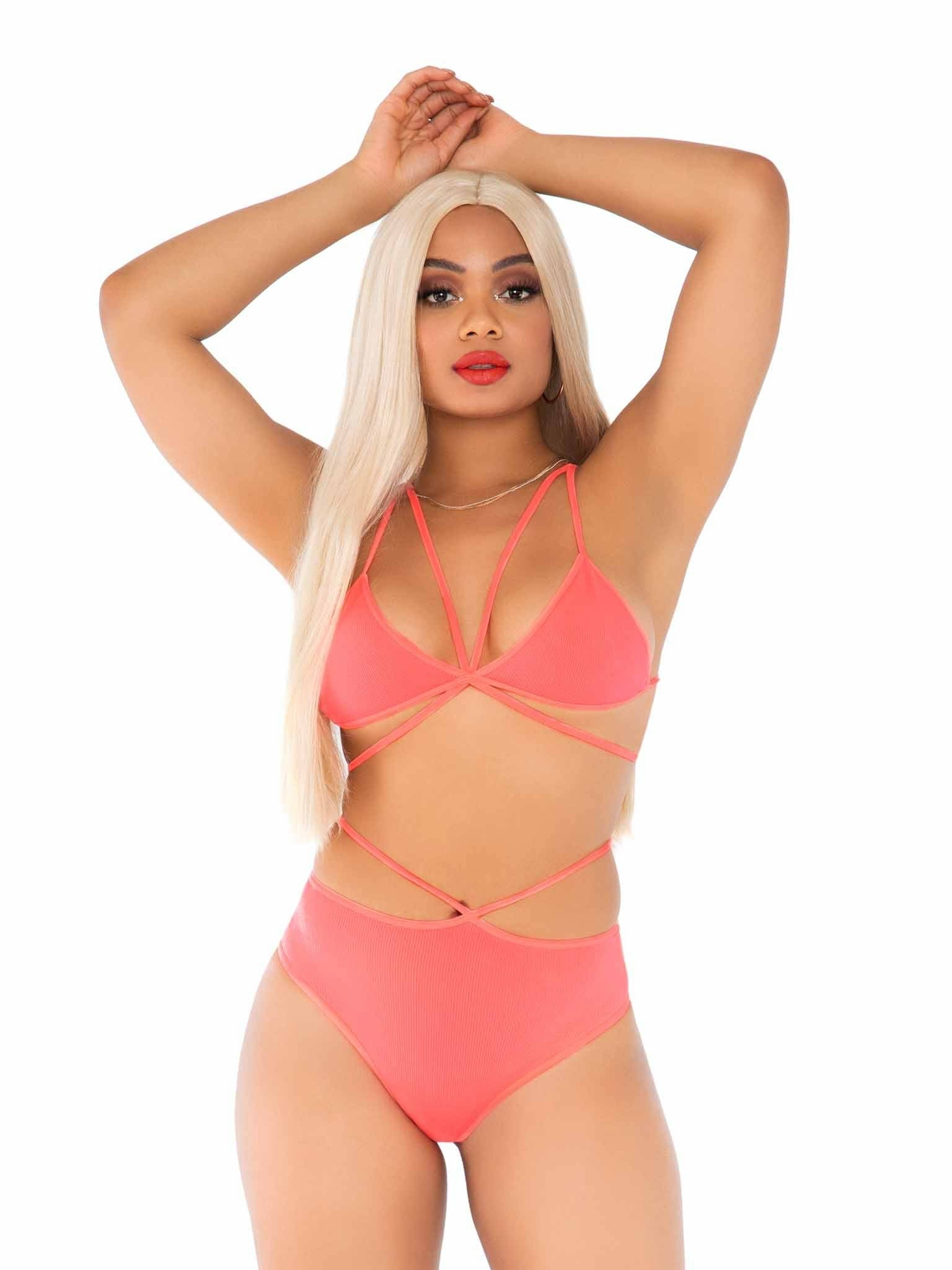 Leg Avenue - Top & Bragas Con Tirantes Coral