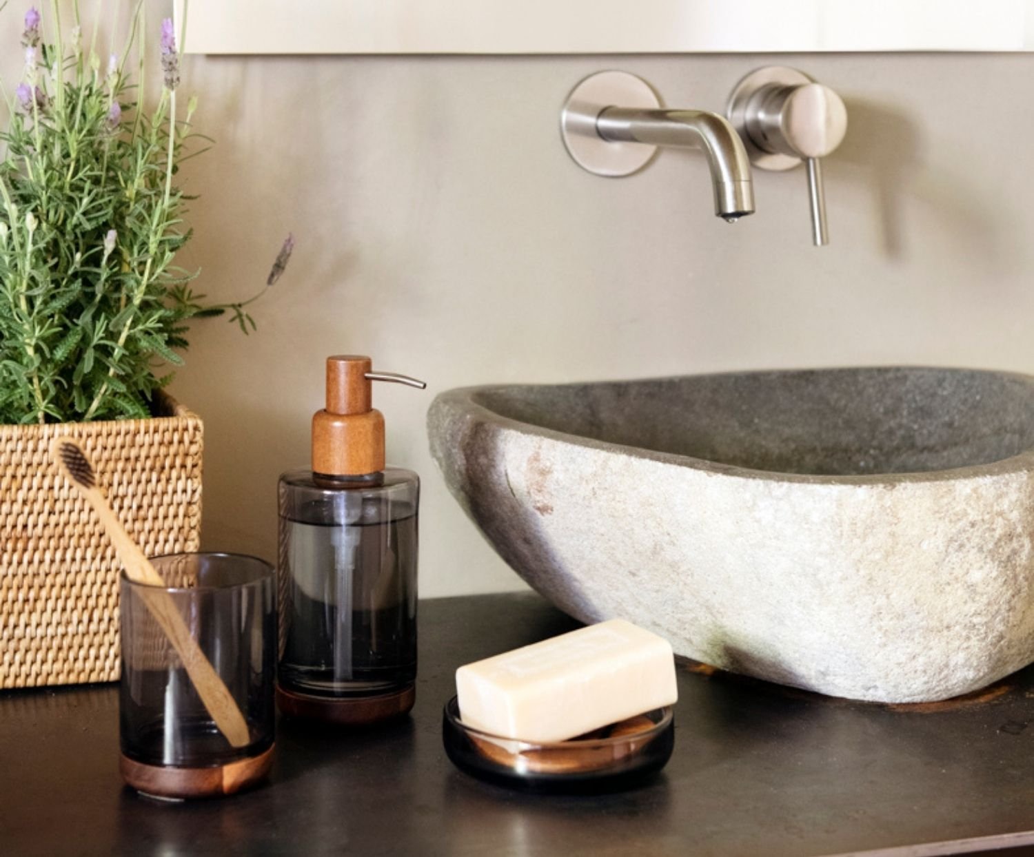 Dispensador De Cristal Gris Y Acacia Ba73074 Andrea House