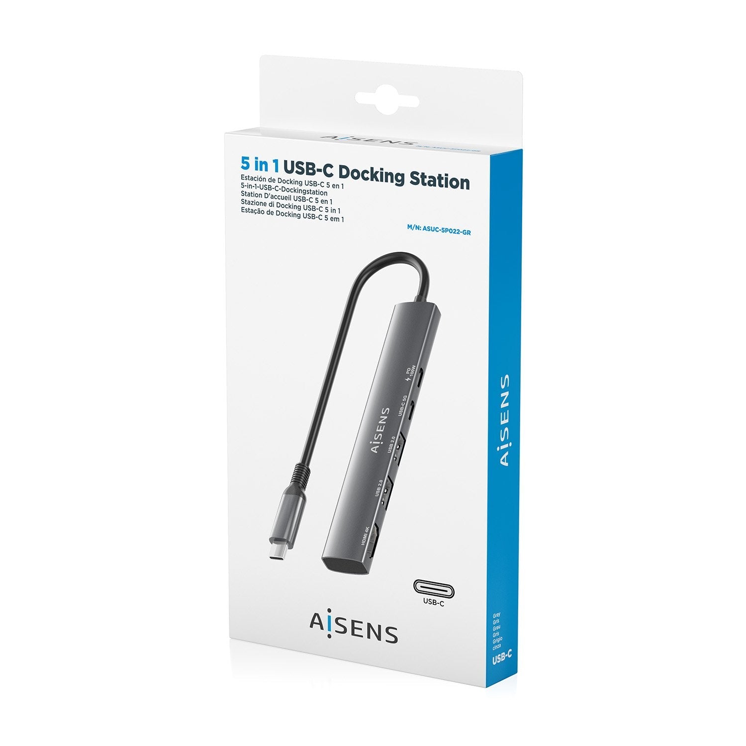 Aisens Usb-C Dock 5 En 1, Usb-C A 1xhdmi 2xusb-A 1xusb-C 1xusb-C Pd, Gris, 15cm