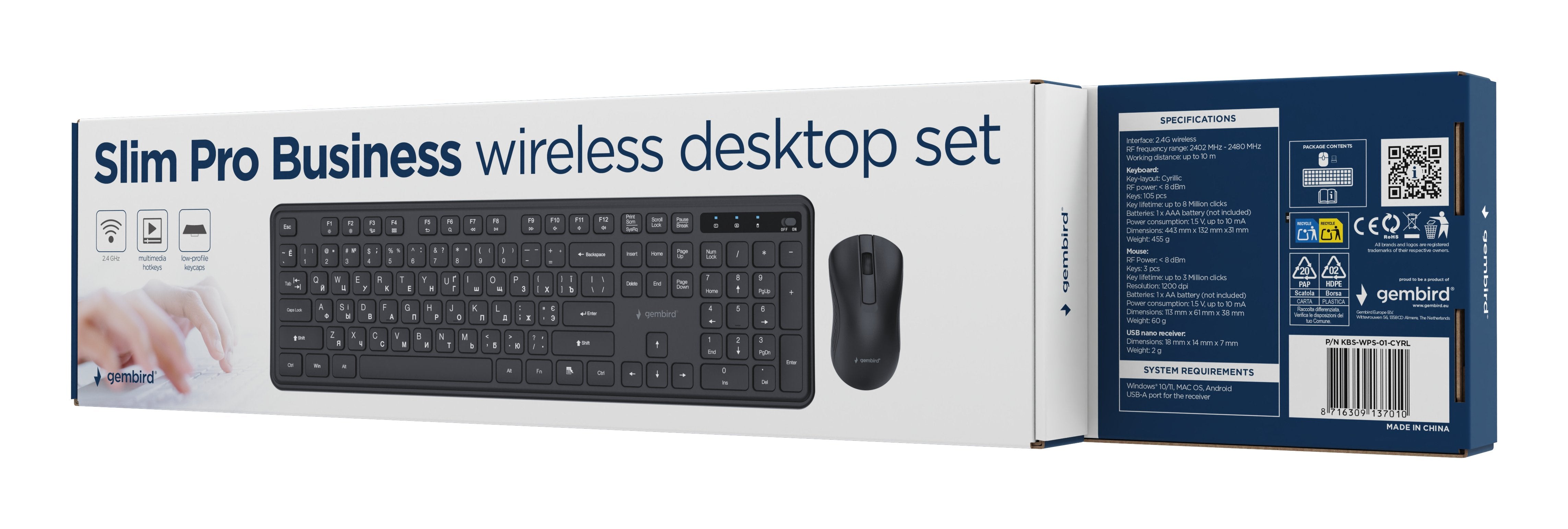 Keyboard +Mouse Wrl Cyrillic/Bk Kbs-Wps-01-Cyrl Gembird