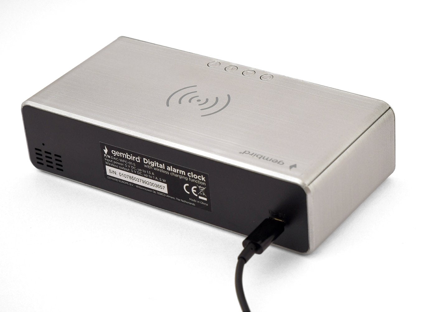 Gembird Dac-Wpc-01-S, Reloj Despertador Con Cargador Inalambrico, Plata, Iphone X/Xs/Xr, Iphone 8, Galaxy S8/S7/S6, Lcd