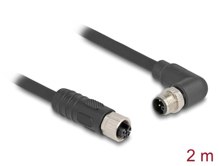 Delock M12 Cable L-Kodiert 4 Pin Stecker Rechts Gewinkelt Zu Buchse Gerade Pur Schleppkettentauglich 2 M Schwarz