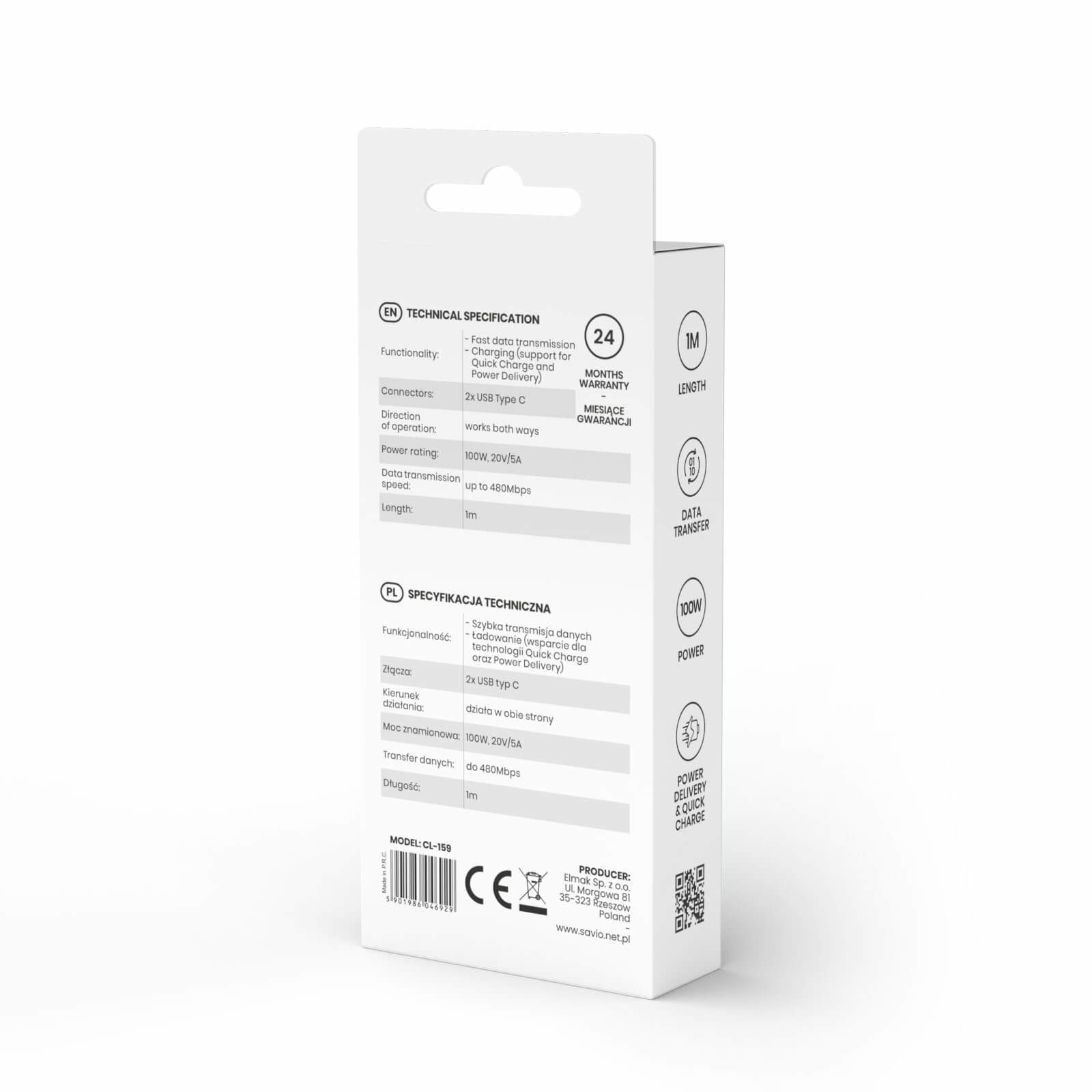 Cable Savio Usb Tipo C - Usb Tipo C 5a 1m Cl-159