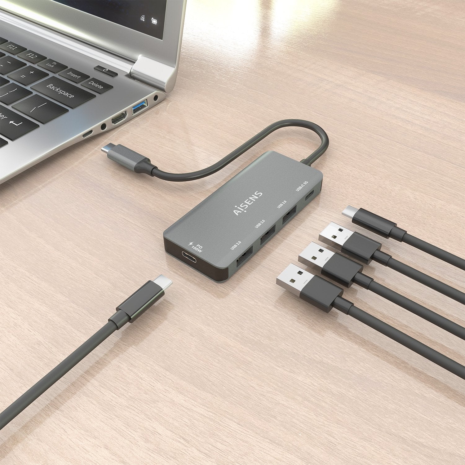 Aisens Hub Usb 3.1 Usb-C, Usb-C/M-1xusb-C Pd 100w+1xusb-C Usb3.0/H+3xusb-A Usb2.0/H, Gris, 15cm