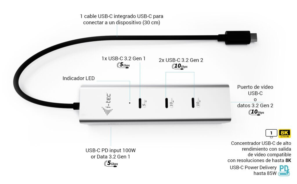 I-Tec Usb-C Charging Metal Hub 5port With Usb-C Video 8k 1xusb-C Video Data 1xusb-C Pd Data 1xusb-C 3.2 Gen1 2xusb-C 3.2 Gen2 Pd85w