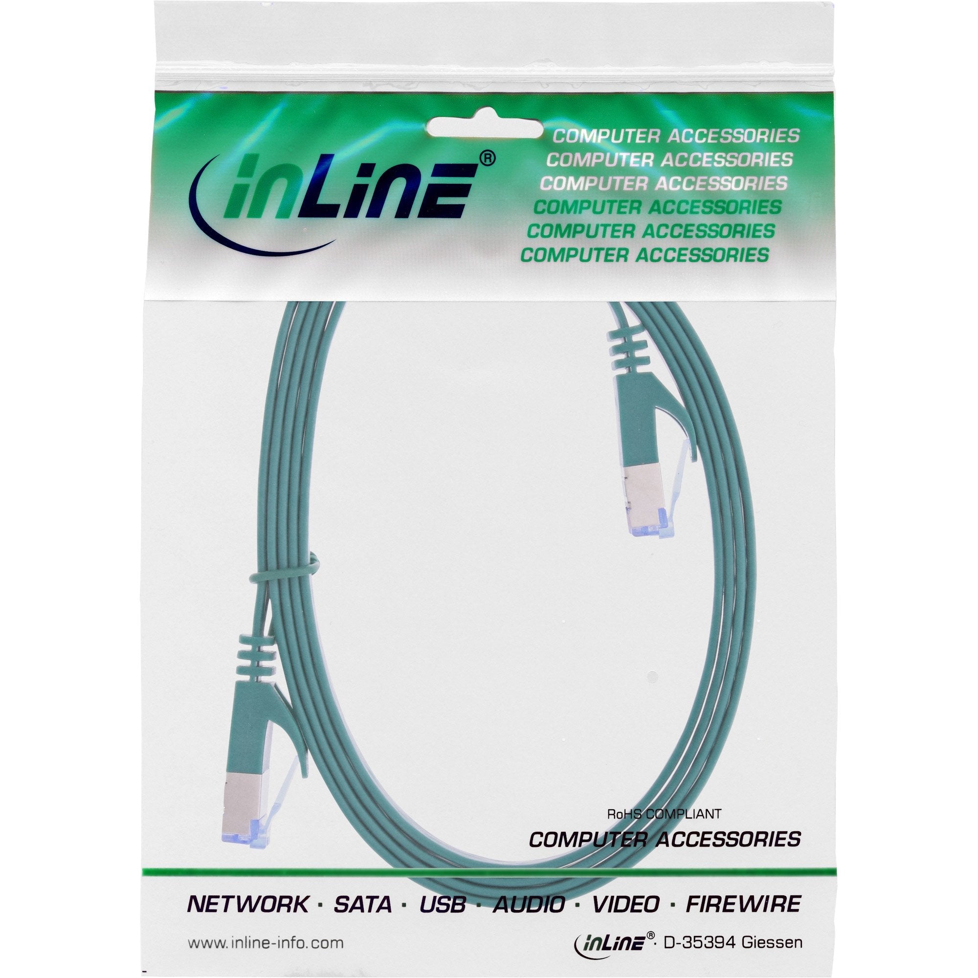 Cable De Red  Plano Inline, U/Ftp, Cat.6a, Verde, 0,5 M