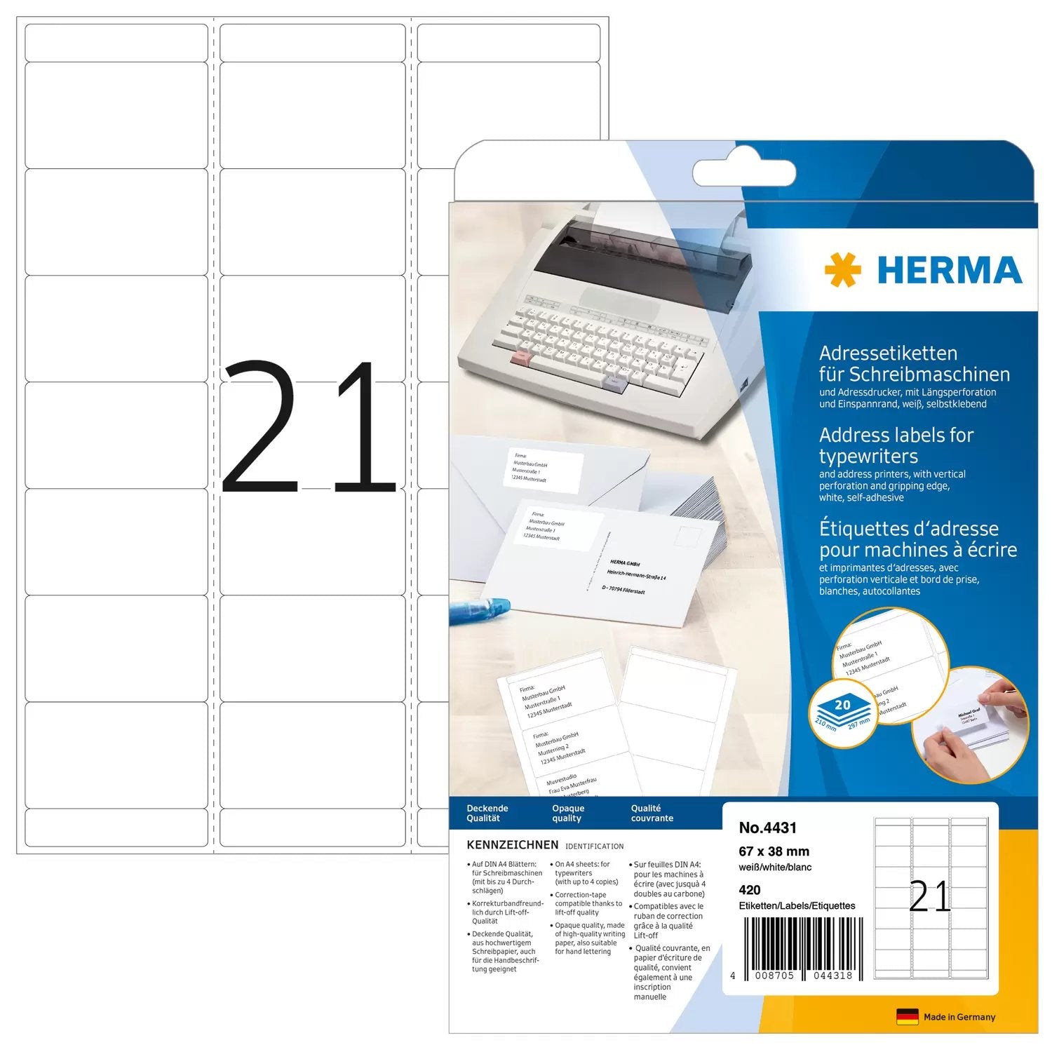 EAN 4008705044318 - HERMA 4431 etiqueta para dirección Blanco imagen 1