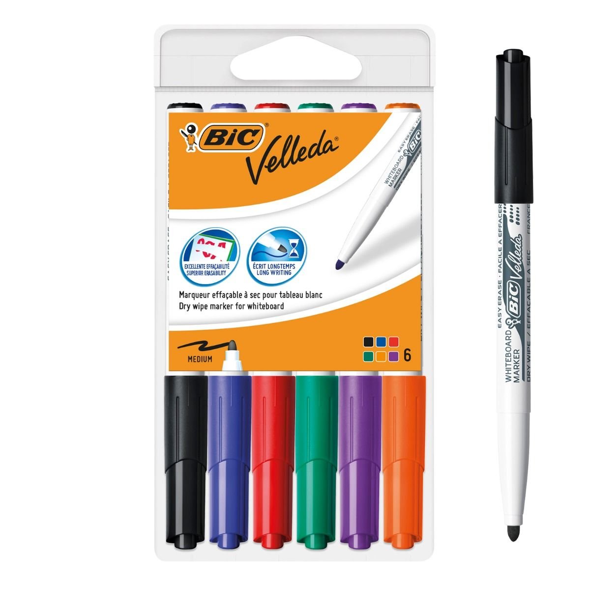 Bic Velleda 1741 Pack De 6 Marcadores Para Pizarra - Punta De 4.5 Mm - Trazo 1.4mm - Tinta Con Base De Acetona - Borrado Optimo - Larga Duracion - Colores Surtidos