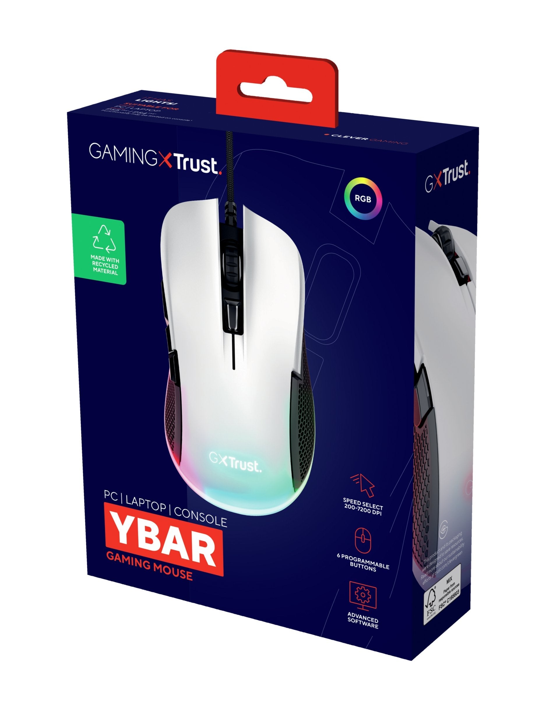 Raton Gaming Gxt922 Ybar Blanco/Negro Rgb Trust Hasta 7200ppp/ Iluminación Led Rgb/ 6 Botones Programables