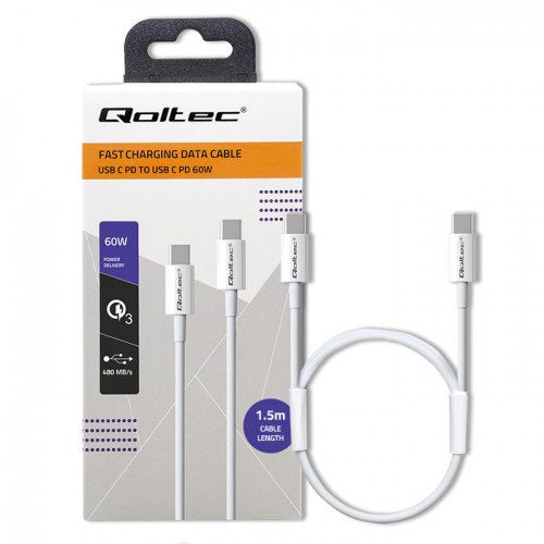 Qoltec 52360 Usb 2.0 Tipo C Cable Usb 2.0 Tipo C 60w Qc 3.0 Pd 1.5m White