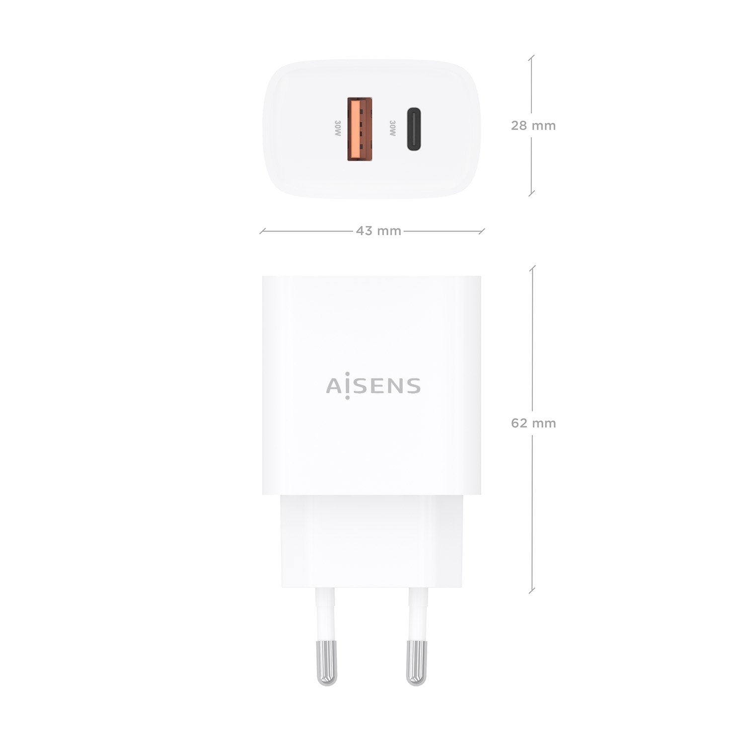 Aisens Cargador Gan 30w, 1xusb-C Pd3.0 Qc4.0, 1xusb-A Qc3.0, Blanco