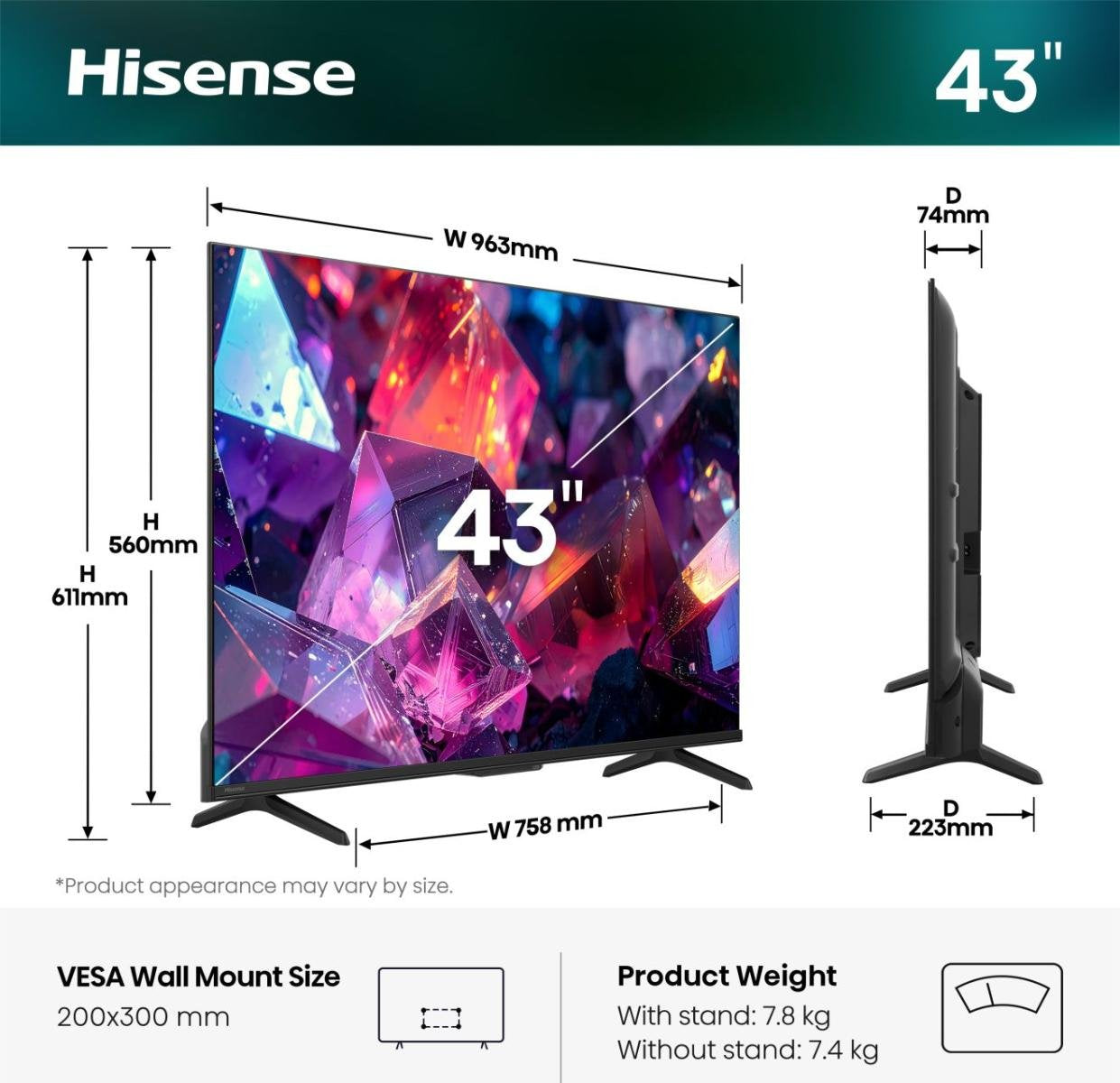 Hisense 43e7s Pro Hi-Qled-Fernseher (108 Cm (43 Zoll), Negro/Dunkelgris, Ultrahd/4k, Free-Sync-Premium, 144hz Panel) 43e7s Pro