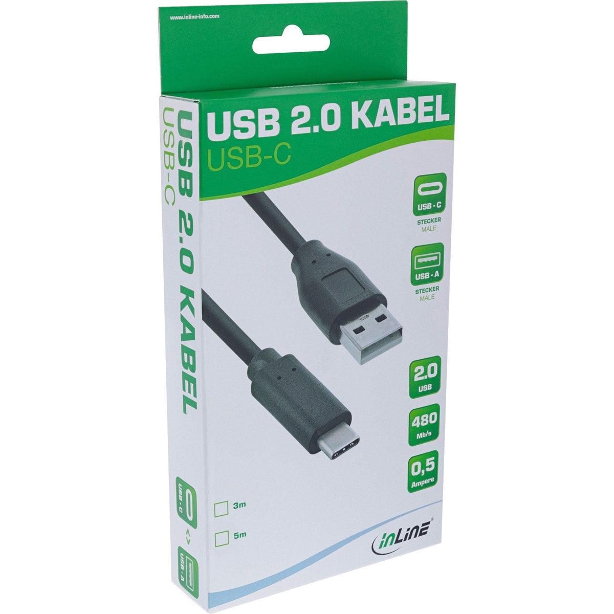 Cable Inline Usb 2.0, Tipo C Macho A A Macho, Negro, 3 M