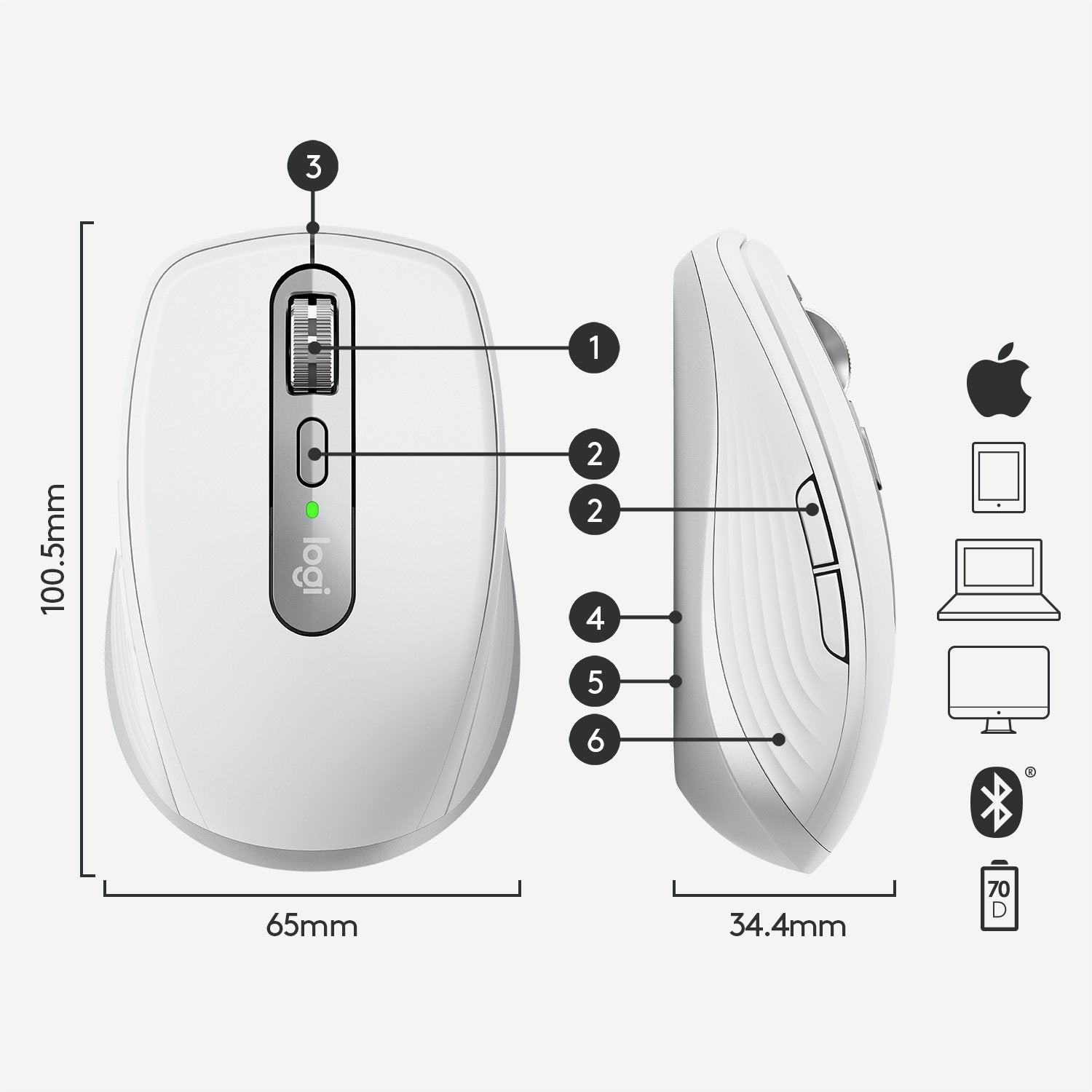 Logitech Mx Anywhere 3 Raton Inalambrico Usb 4000dpi Recargable 5 Botones Blanco