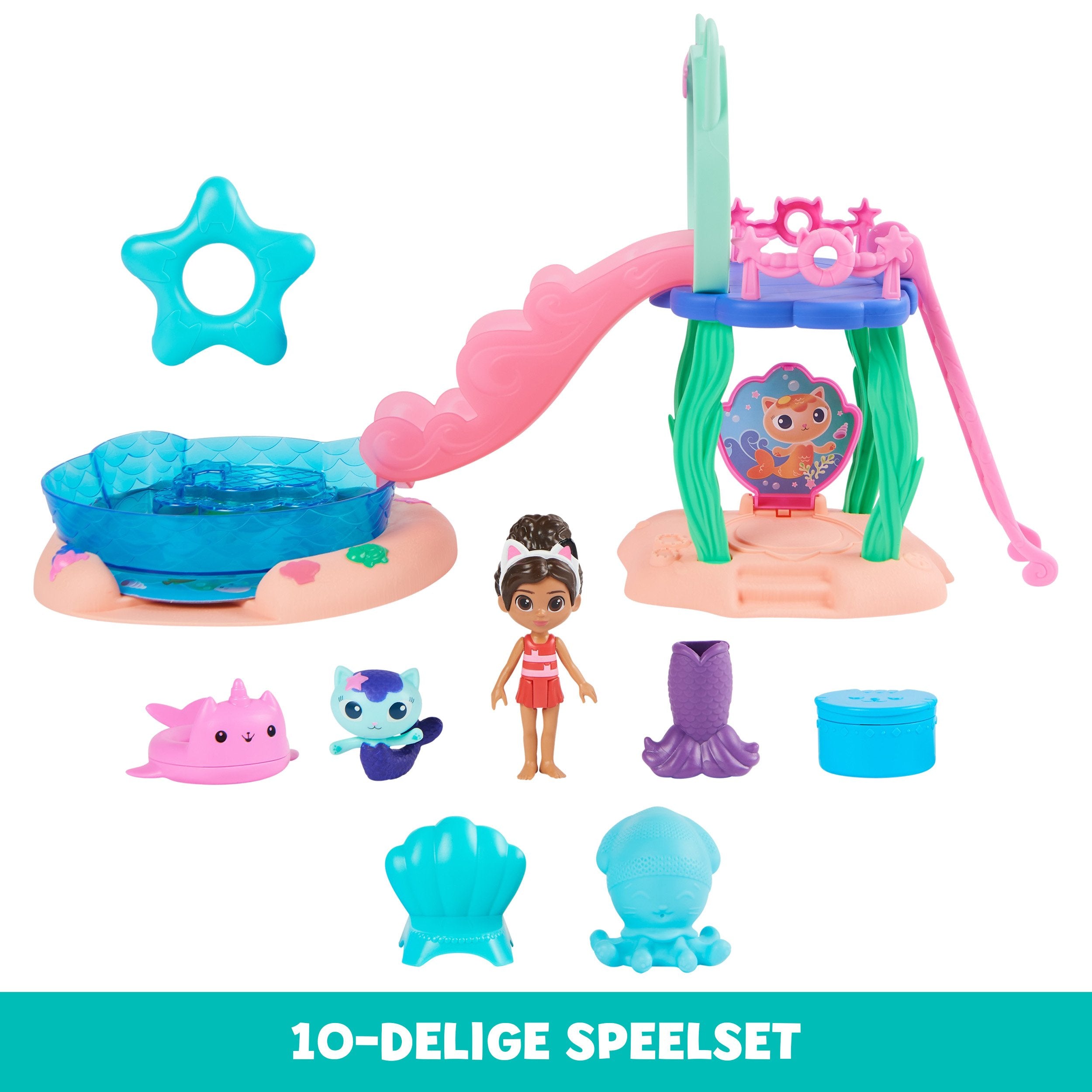 Spin Master Dreamworks Gabby'S Dollhouse Cat Adventures - Purrific Pool Party Playset, Telón De Fondo Con Figuras De Gabby Y Merkitten 6067878