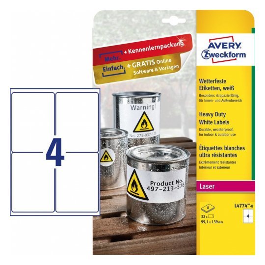 Avery Etiquetas Extra Resistentes 99,1x139mm Láser 4 X 8h Poliéster Blanco