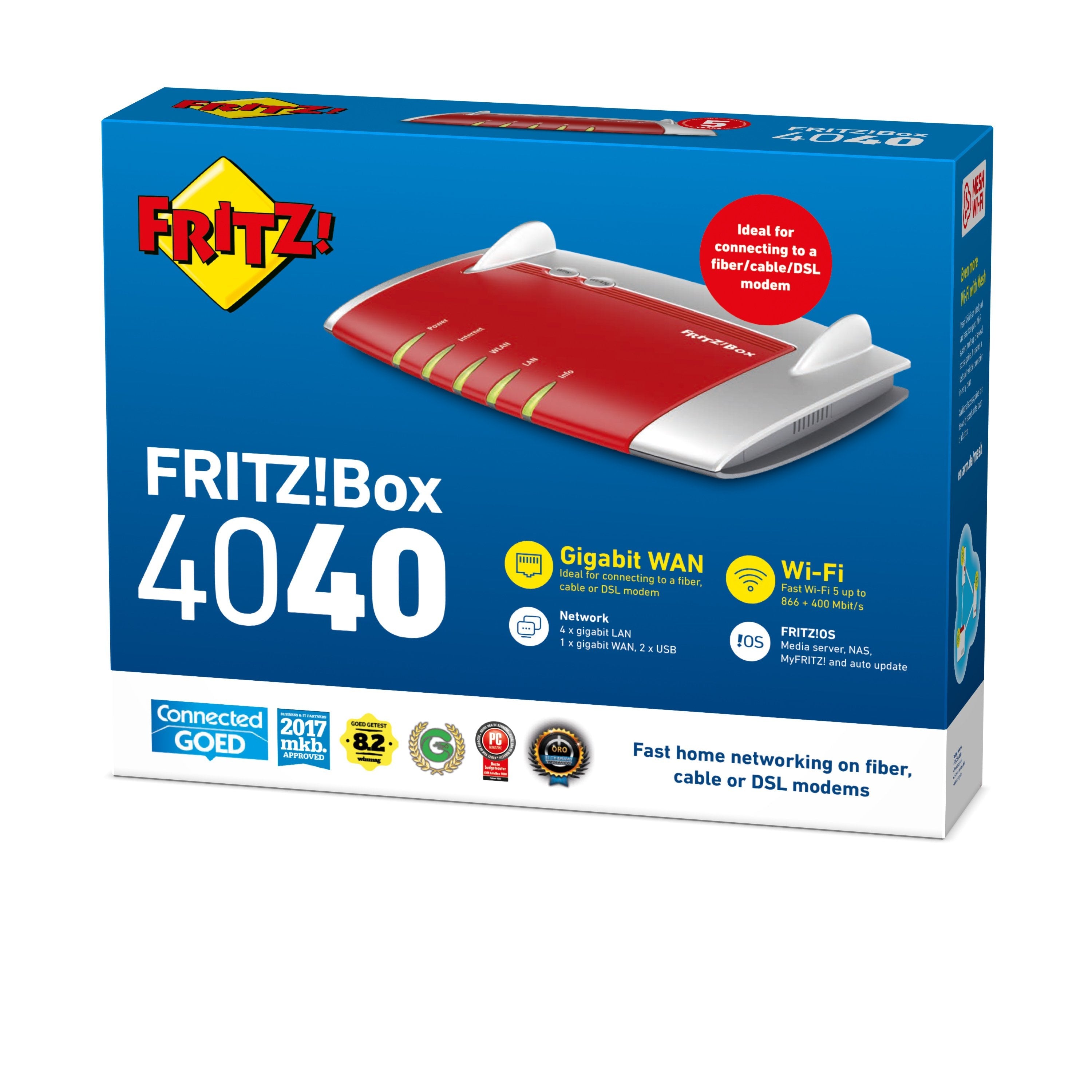 Avm Fritz! Router Inalambrico Box 4040 Doble Banda (2,4 Ghz / 5 Ghz) Gigabit Ethernet Rojo, Plata