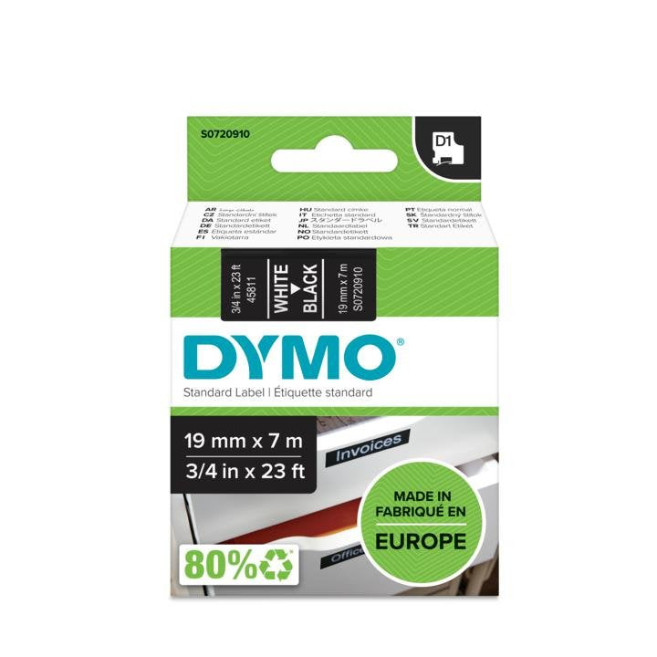 Dymo Cinta De Transferencia Térmica D1 45811. Etiquetas Estándar Blanco Sobre Negro De 19mmx7m. Poliester Autoadhesiva. Rotuladora Labelmanager