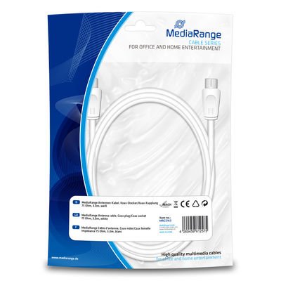 Mediarange Cable De Antena Coaxial Enchufe Acoplamiento 75ohm 3,0m Blanco