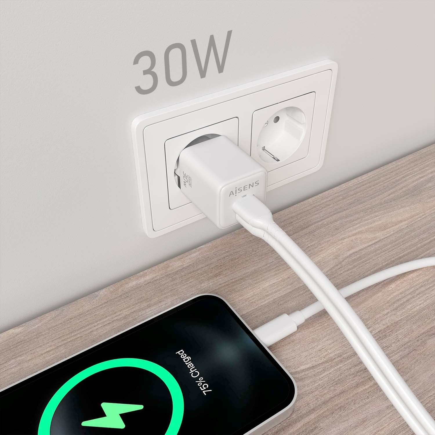 Aisens Cargador Gan 30w, 1xusb-C Pd3.0 Qc4.0, 1xusb-A Qc3.0, Blanco