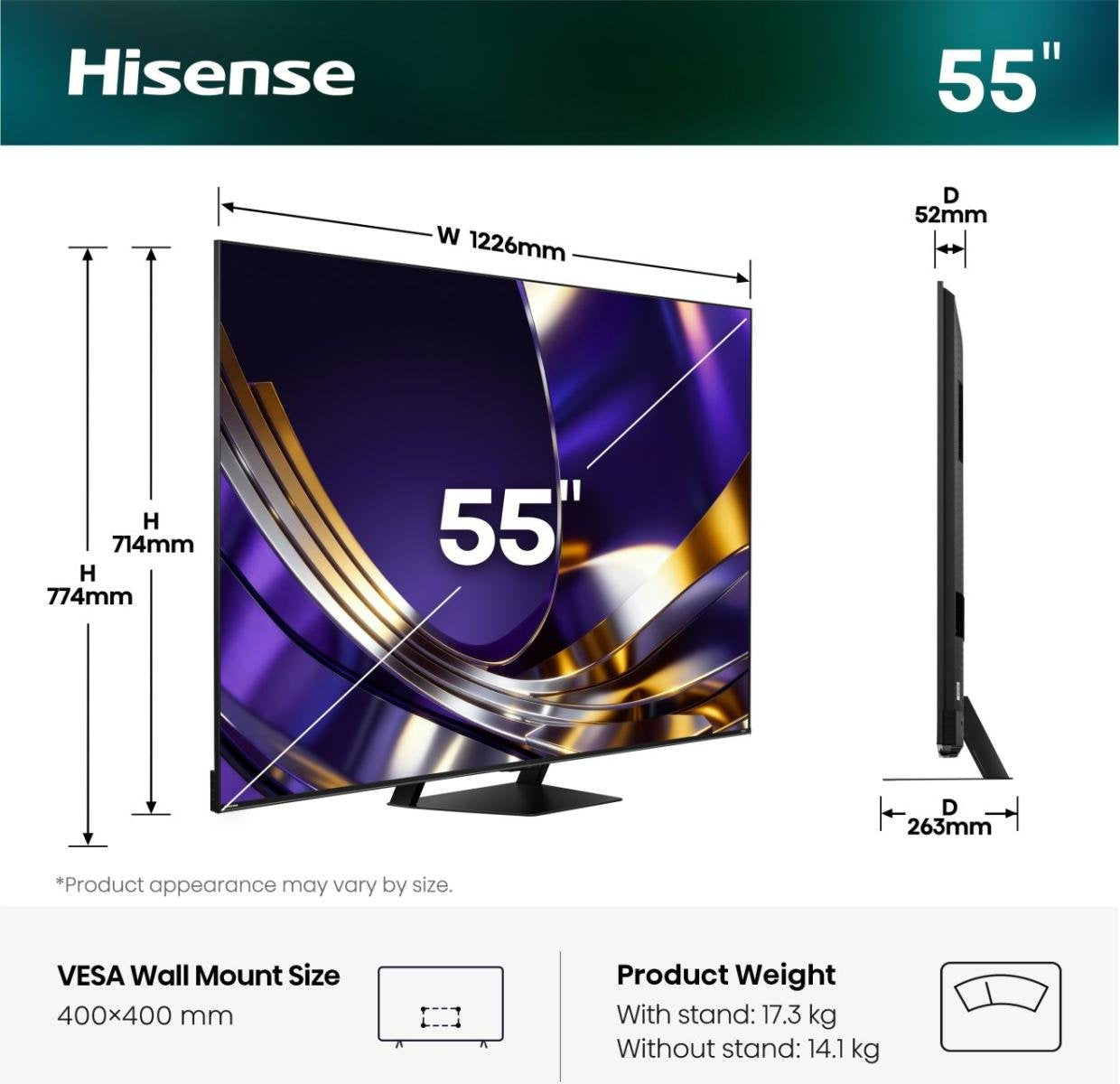 139,7 Cm (55") 3840 X 2160 Pixel Hisense 20018705 16:9 4k Ultra Hd Dled 8 Ms Smarttv Hdmi Vesa 400 X 400 Mm Lan Wifi Speaker