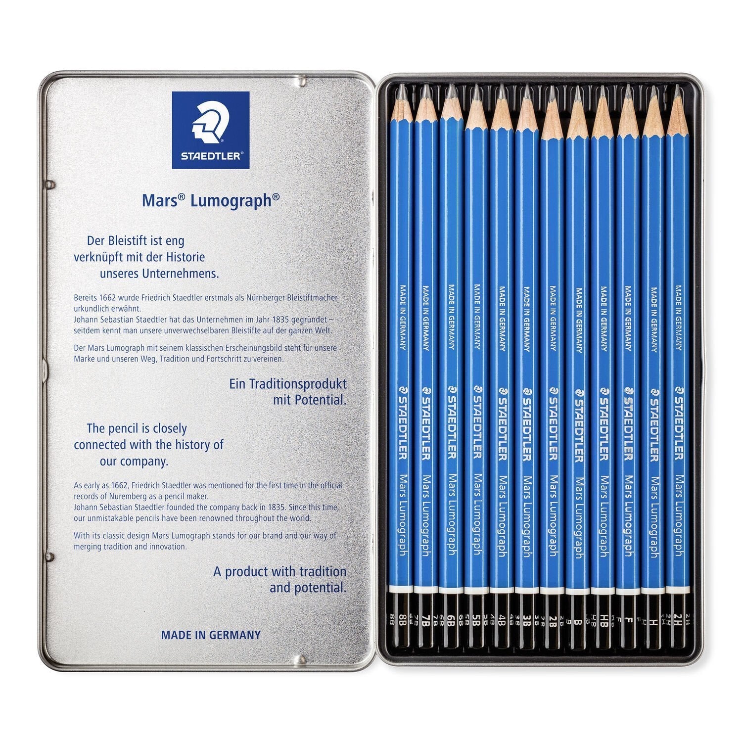 Staedtler Caja Metálica 12 Lápices De Grafito Lumograph 2h-H-F-Hb-B-2b-3b-4b-5b-6b-7b-8b