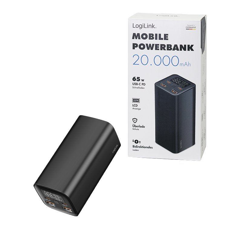 Bateria Externa Power Bank 20000, 2x Usb A + 2x Usb C Qc 3.0 & Pd 3.0 65 W, Black Logilink