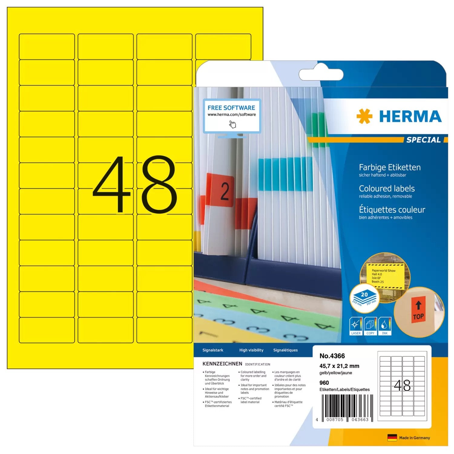 Herma Labels Yellow 45,7x21,2 20 Sheets Din A4 960 Pcs. 4366 Etiquetas