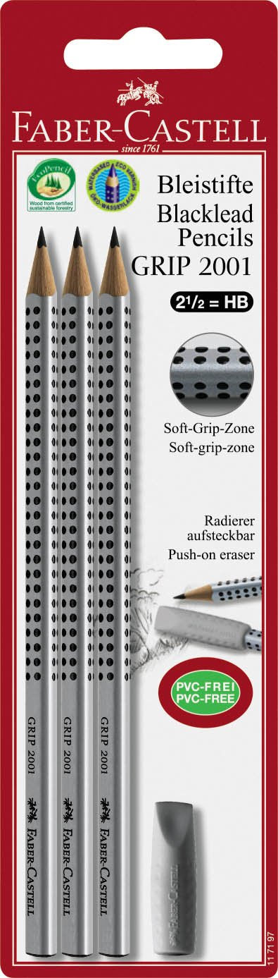 Faber Castell 3 Lápices Grip 2001 Triangular Hb + 1 Goma De Borrar Gris En Blister