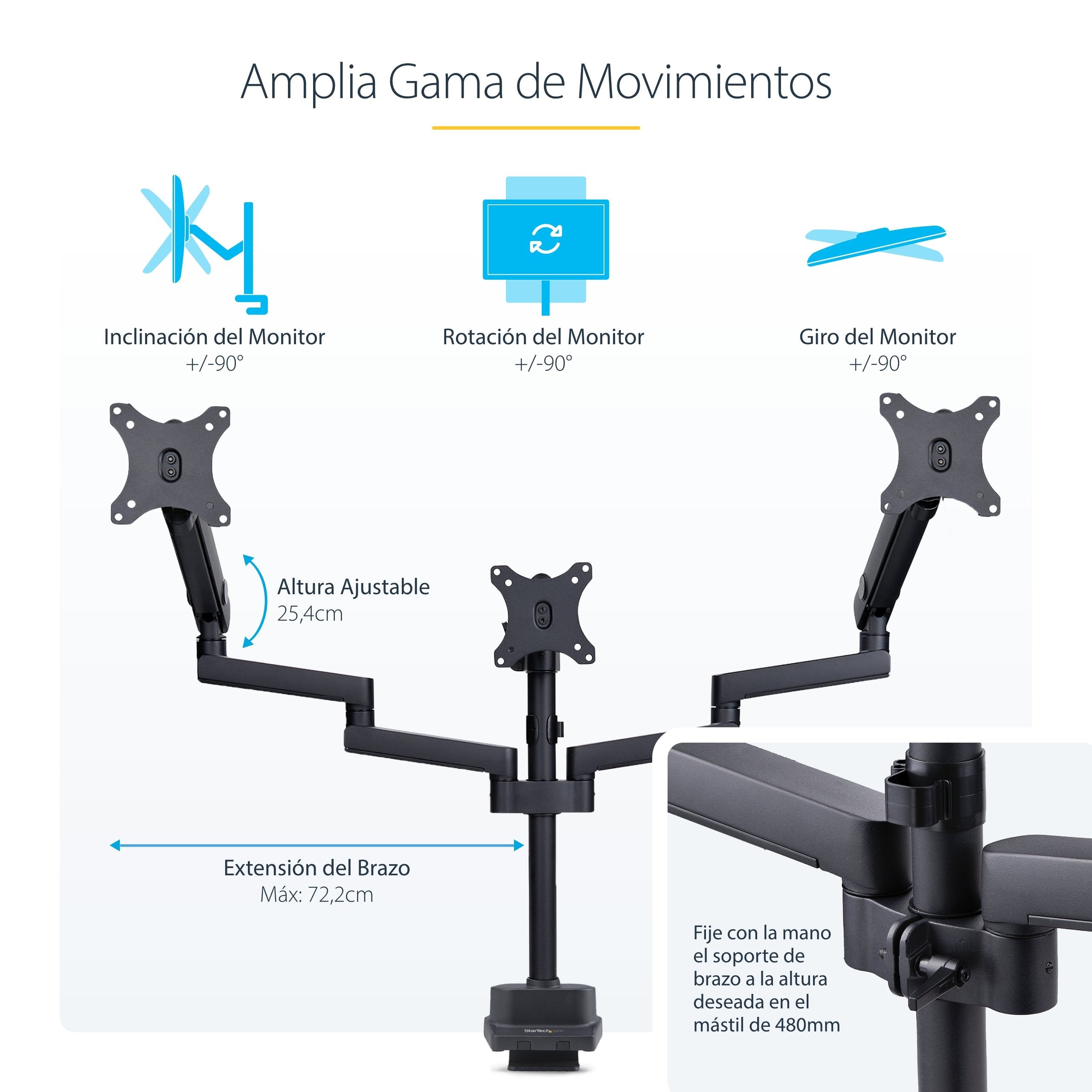 Startech.Com Triple Monitor Desk Mount For Up To Three 27in Screens, Vesa 75x75/100x100, Tool-Less Arm Adjustments, C-Cl