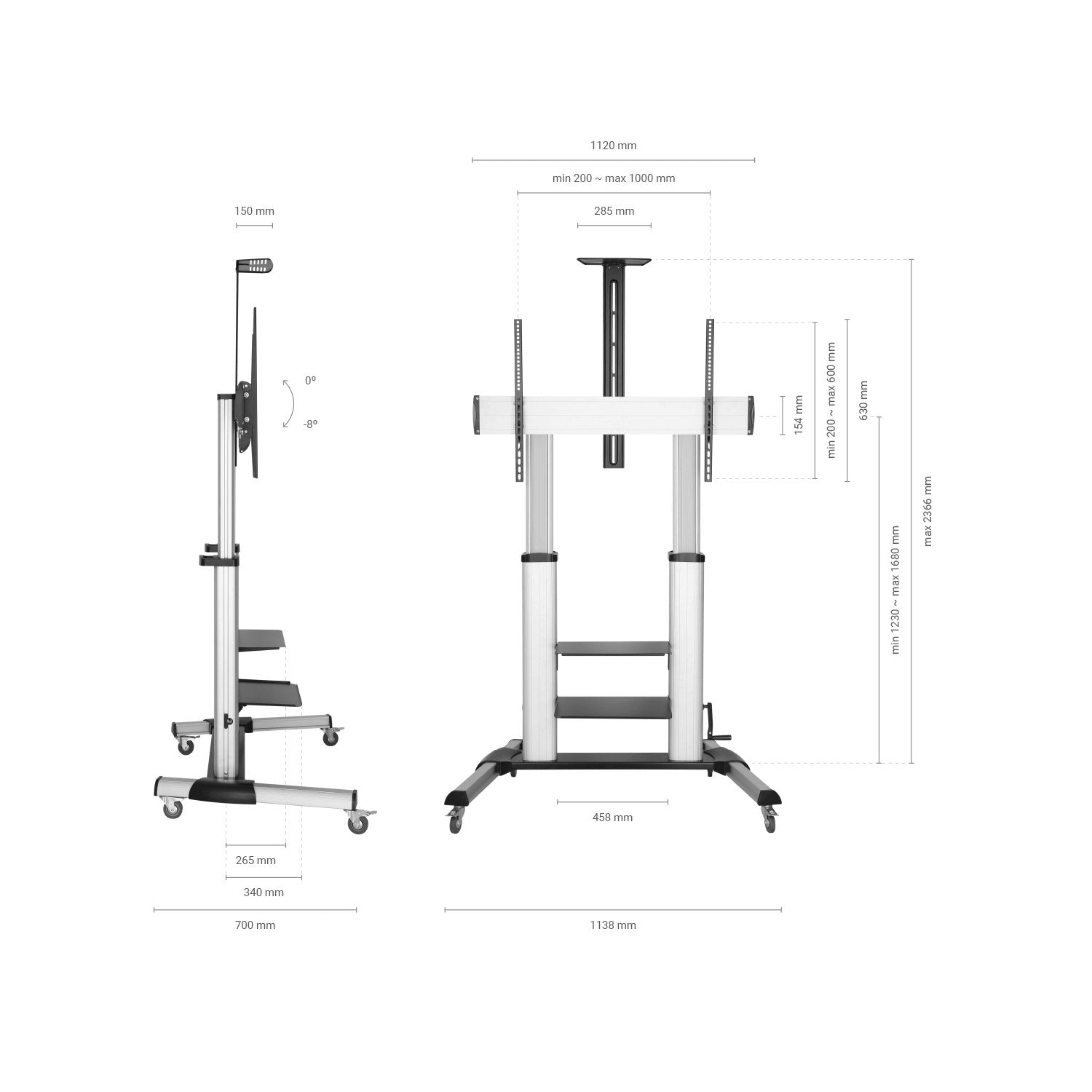 Aisens Soporte De Suelo Pro Con Ruedas Y Manivela - Bandeja Para Dvd Y Soporte De Camara Para Monitor/Tv - Hasta 100kg