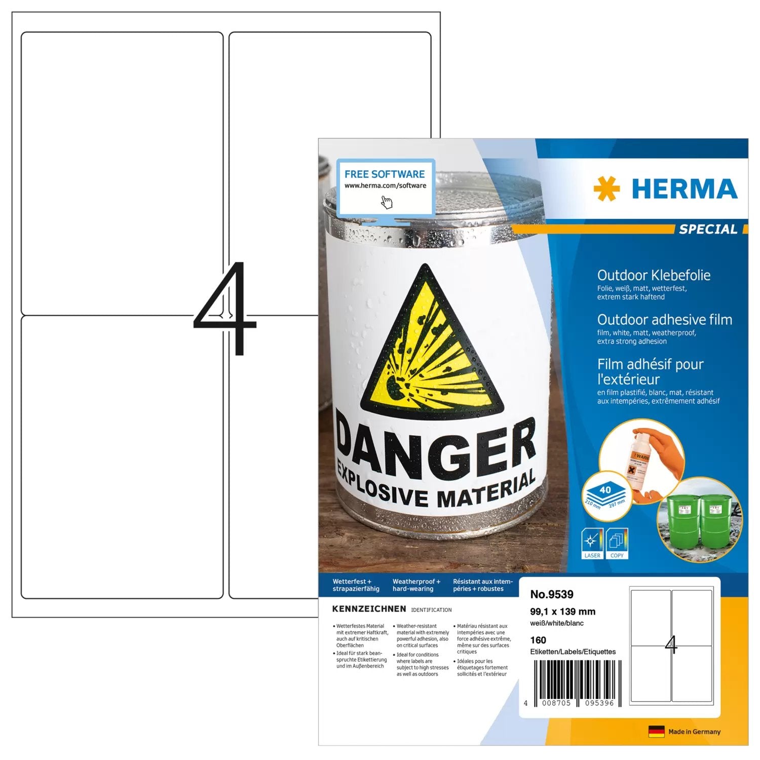 EAN 4008705095396 - HERMA 9539 etiqueta autoadhesiva Rectángulo Blanco 160 pieza(s) imagen 1