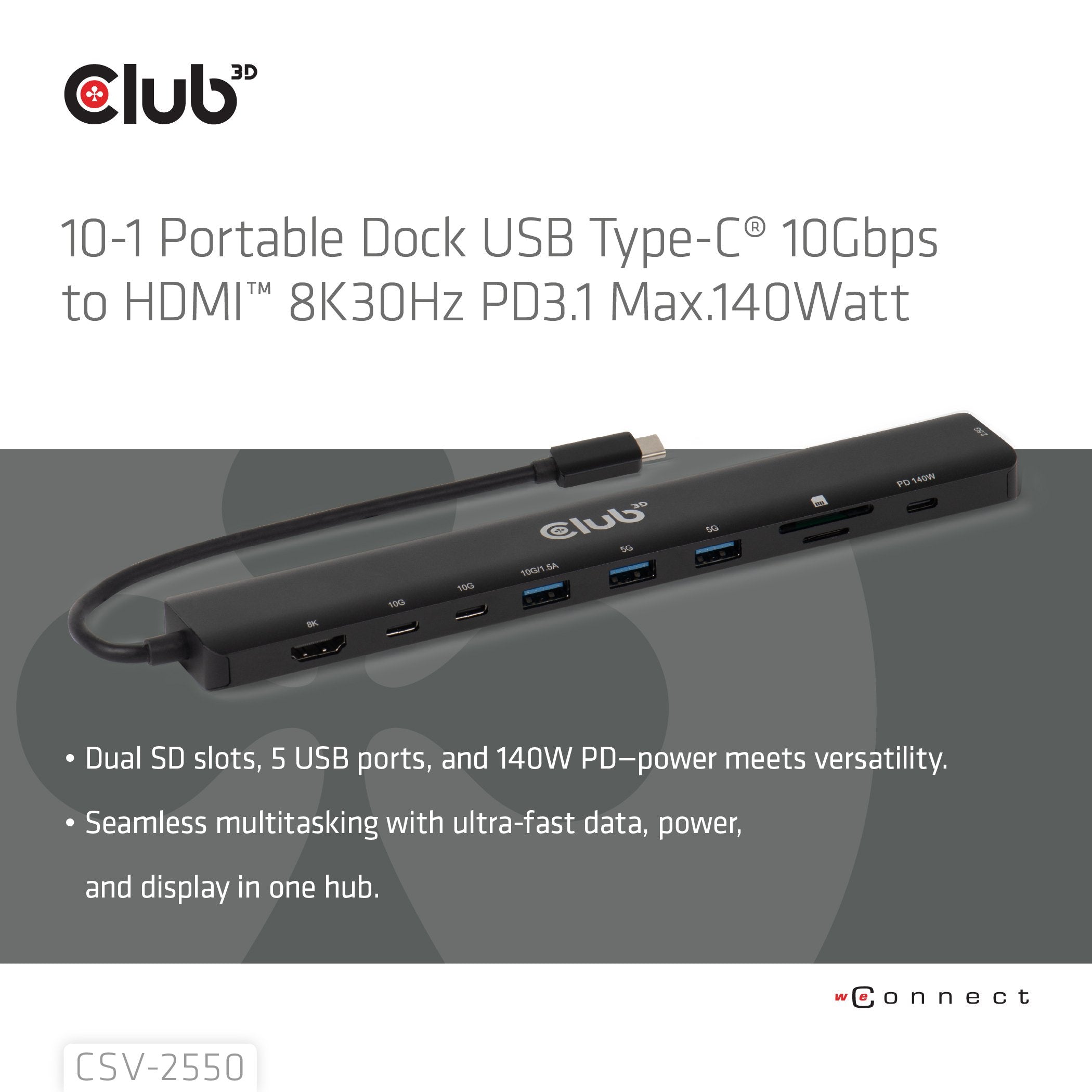 Club3d Tragbare Docking Usb-C ->2xusb-C 3xusb-A Hdmi Sd 140w Retail
