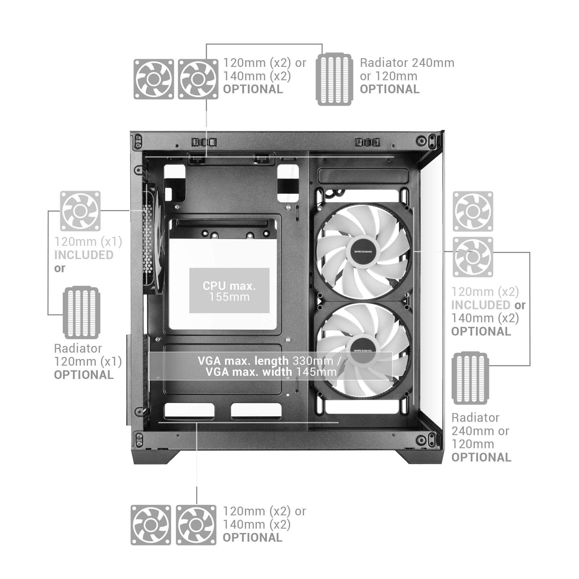 Caja Pc  Microatx Mars Gaming Mc-View3 Gpu Max 330mm Cristal Templado Panoramico Argb Usb-C Negra
