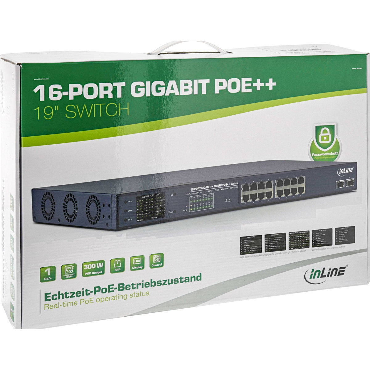 Switch De Red Gigabit Inline Poe++ De 16 Puertos, 1 Gbps, 2x Sfp, 48,26 Cm (19", Soportes Incluidos), Metal, Control De Ventilador, Con Pantalla, Protección Con Contraseña, 300 W