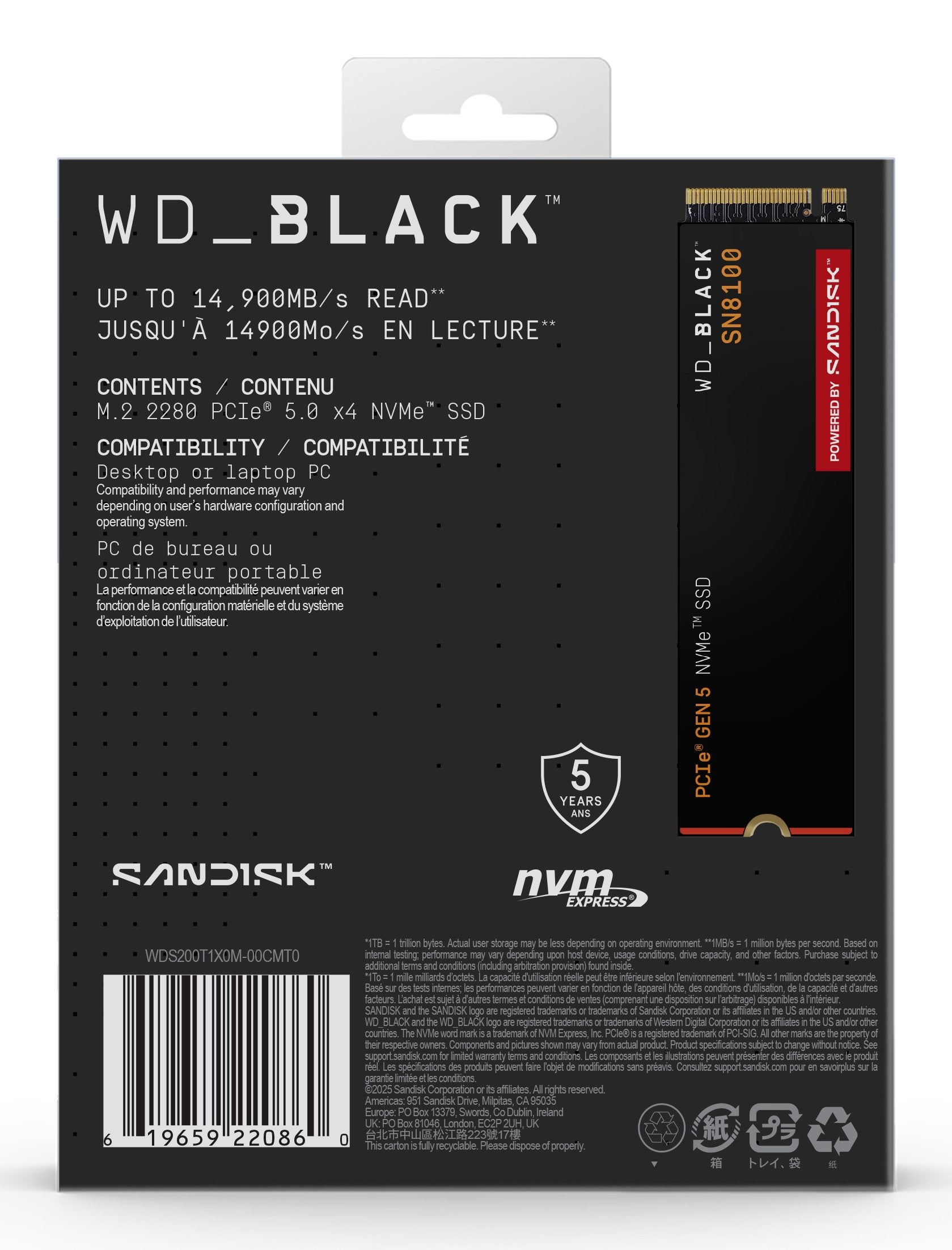 EAN 0619659220860 - SanDisk Black WD_BLACK SN8100 NVMe 2 TB M.2 PCI Express 5.0 TLC 3D NAND imagen 9
