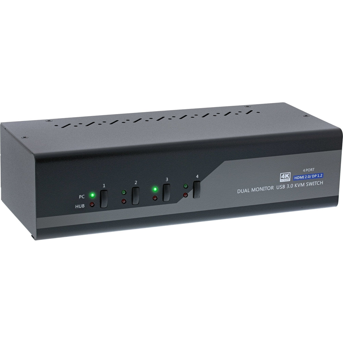 Switch Kvm Inline, 4 Puertos, Monitor Doble, Dp 1.2+Hdmi 2.0, 4k, Usb 3.0, Audio
