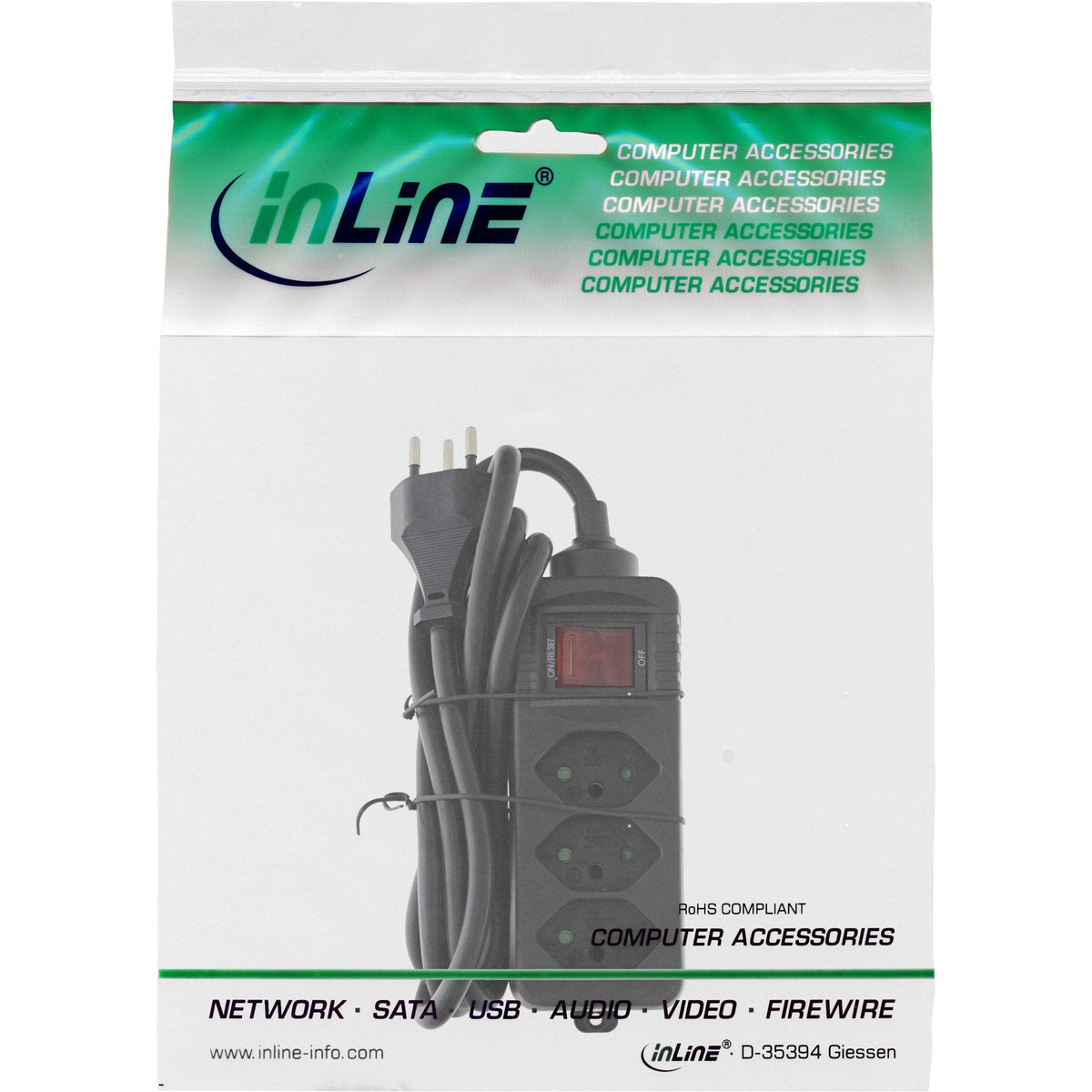 Regleta De Enchufes Inline Suiza, 3 Vías, Con Interruptor, 1,5 M, Negro