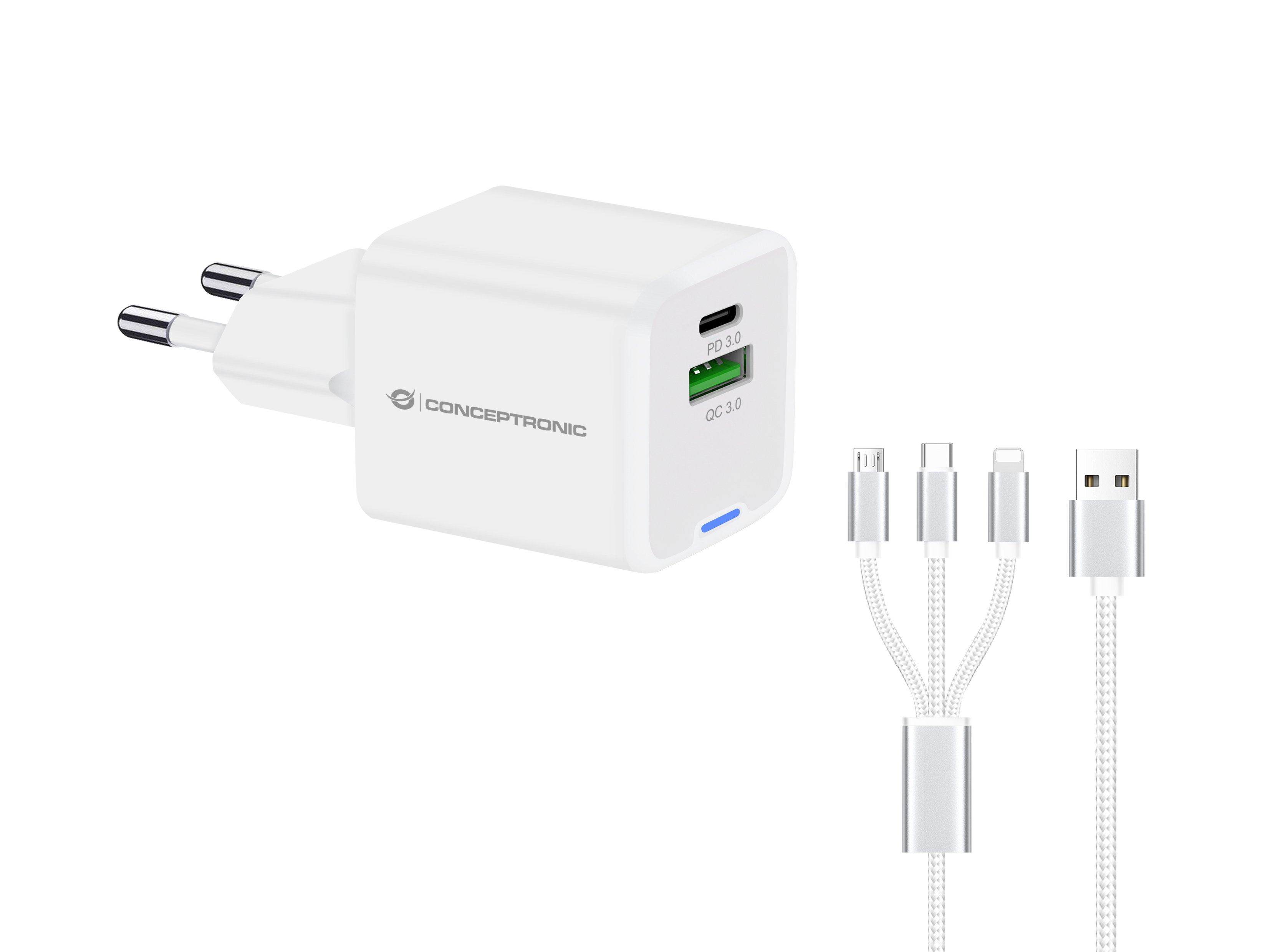 Conceptronic Cargador 2port 33w,1xusb-C,1xusb-A +3-In-1 Sw