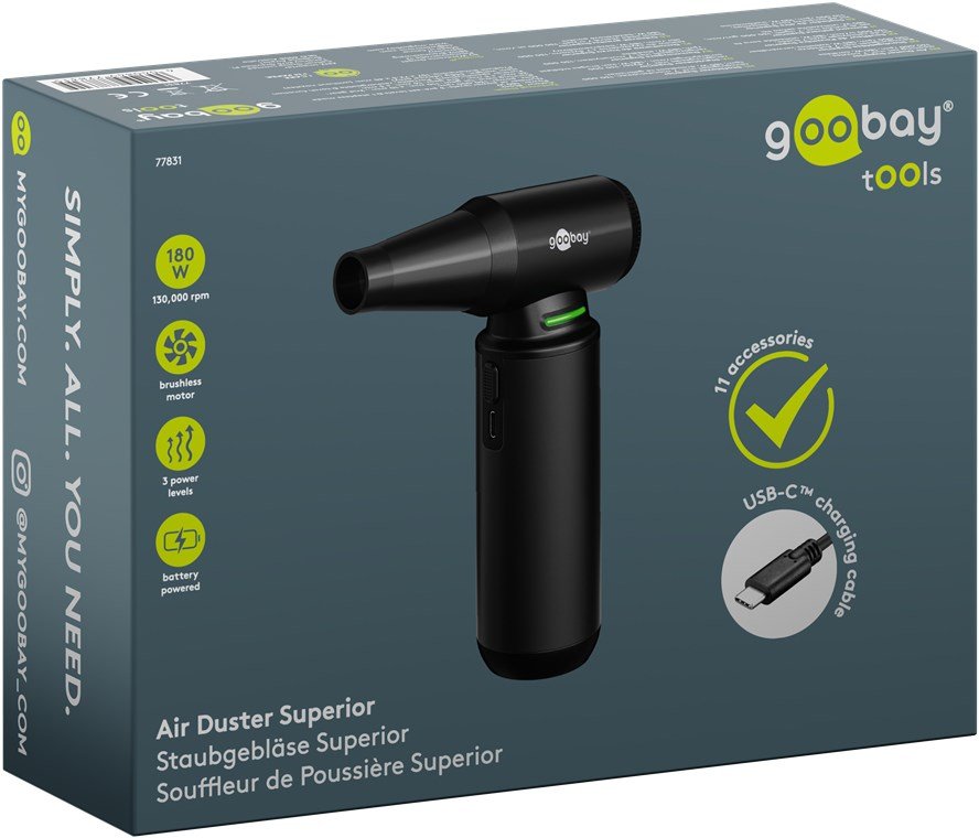 Soplador De Aire Air Duster Superior, Negro
 Set De Limpieza Con 8 Boquillas Y 3 Cepillos, 130.000 Rpm, 180 W, Diseño De Alumi