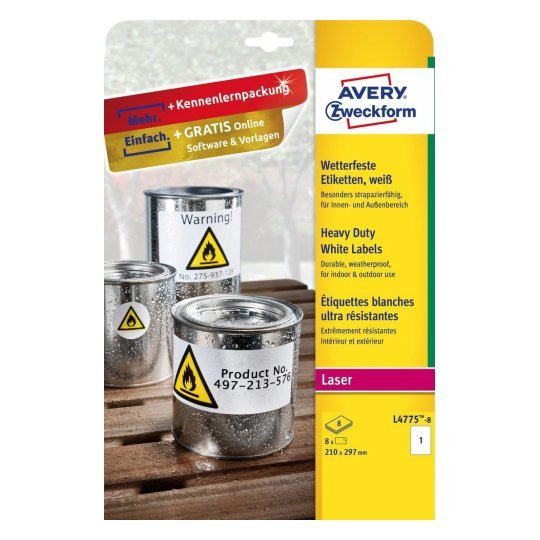 Paquete 8 Hojas Etiquetas De Poliéster Blanco-Impresoras Láser-210x297 Mm Avery L4775-8