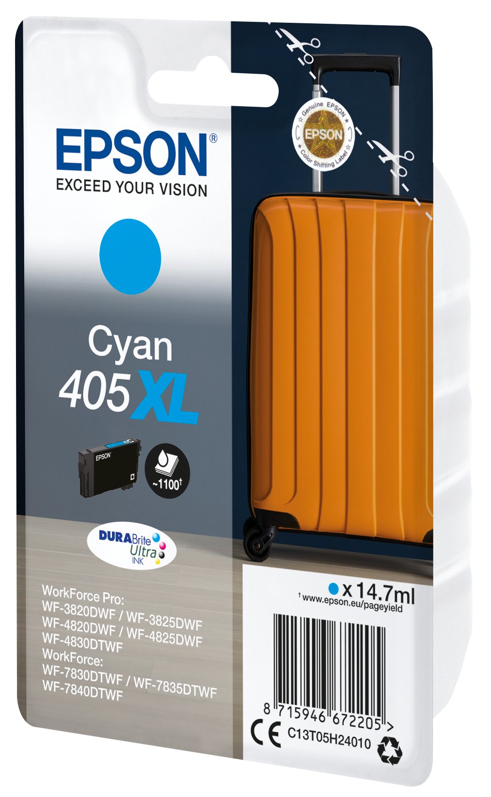 Epson 405xl 14.7 Ml Xl Cián Original Blíster Con Alarmas De Rf/Acústica Cartucho De Tinta Para Workforce Wf-7310 7830 7835 7840 Workforce Pro Wf-3820 3825 4820 4825 4830
