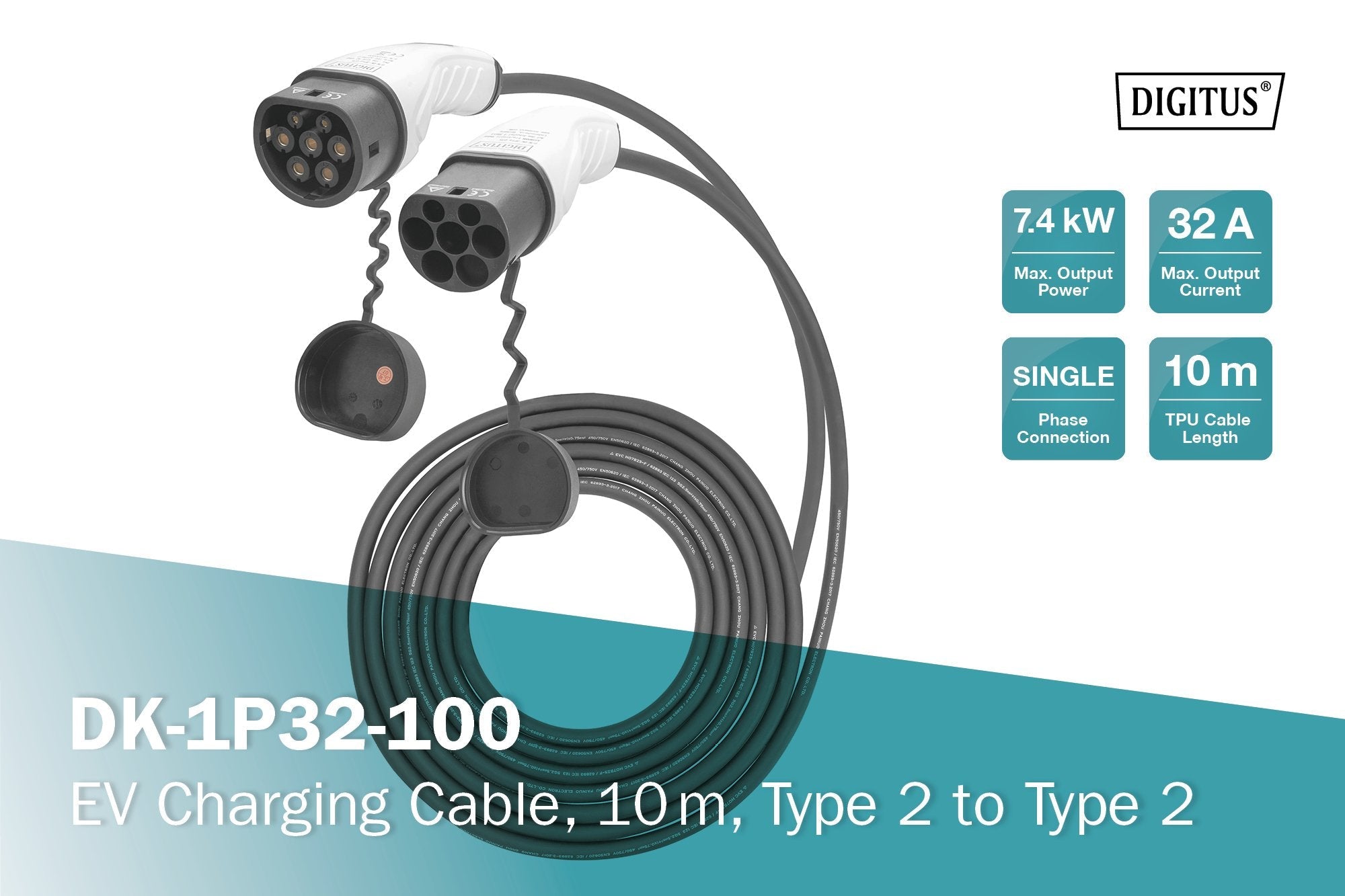 Cable Digitus E-Car Typ 2 7,4kw 32a 10m Black/Gr. 1-Phasig