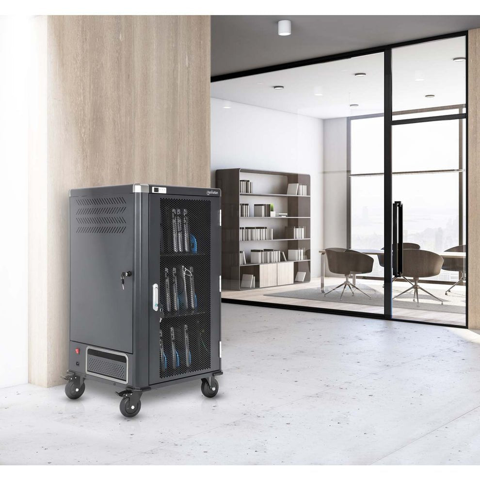 Manhattan Carro De Carga Para 30 Portátiles (Hasta 16"), Carga Mediante Adaptadores Ac (Eu) (Requiere Instalación De Cables De Alimentación De Los Dispositivos), Compatible Con Todos Los Portátiles, Ipad Y Macbook, Compartimentos 380×30×280