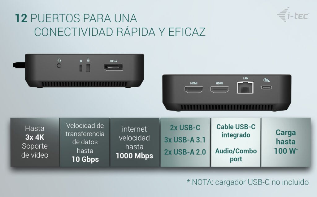 I-Tec Usb-C Ds 2 X Hdmi 1x Dp 1x Glan 1x Usb-C 3.2 3x Usb-A 3.2 2x Usb 2.0 1x 3.5mm Audio Mic 1x 100w Usb-C Power Delivery