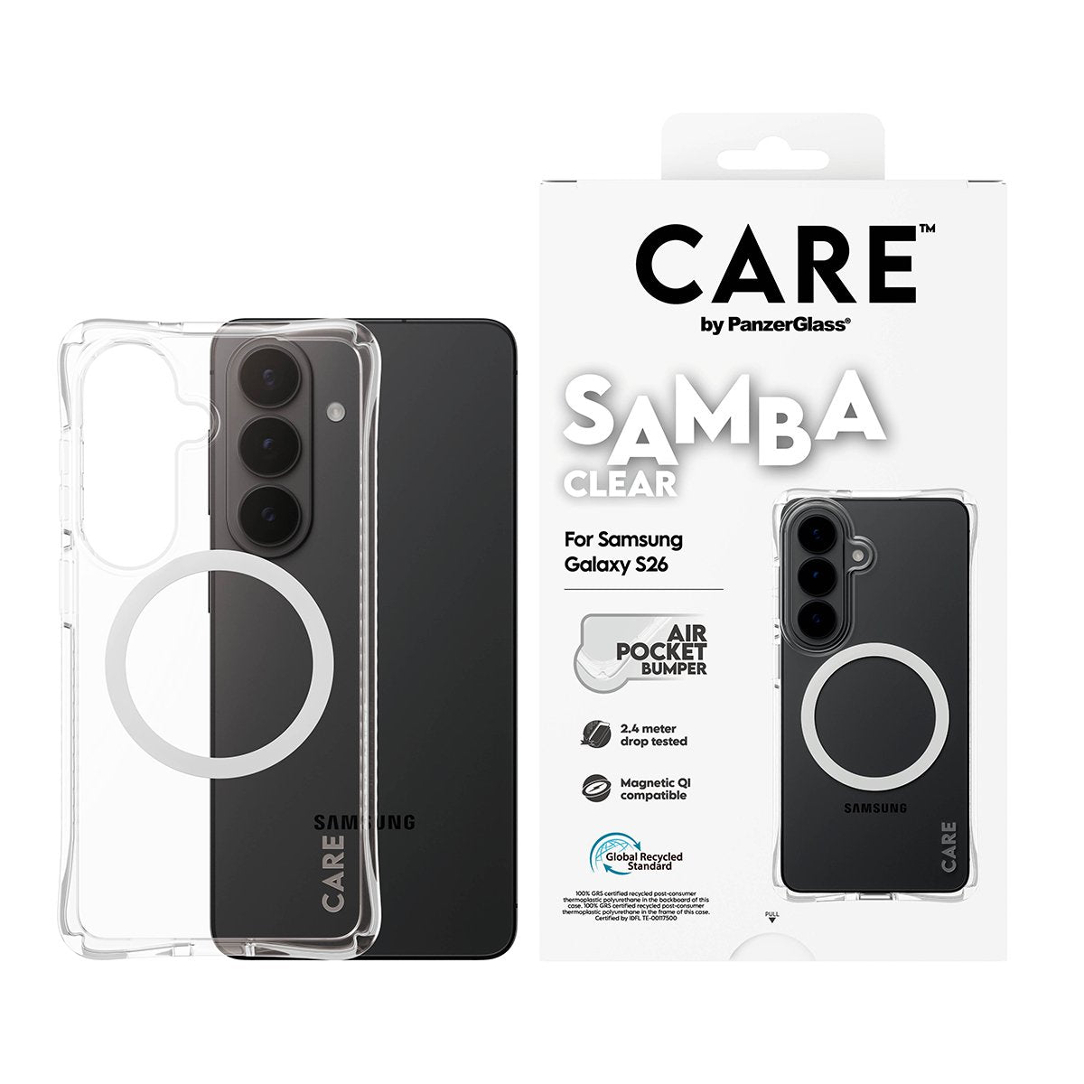 Panzerglass Care By ® Samba Case Transparente M. Blanco Qi Samsung Galaxy S26, Cover, Samsung, Samsung - Galaxy S26, 16 Cm (6.3"), Transparente