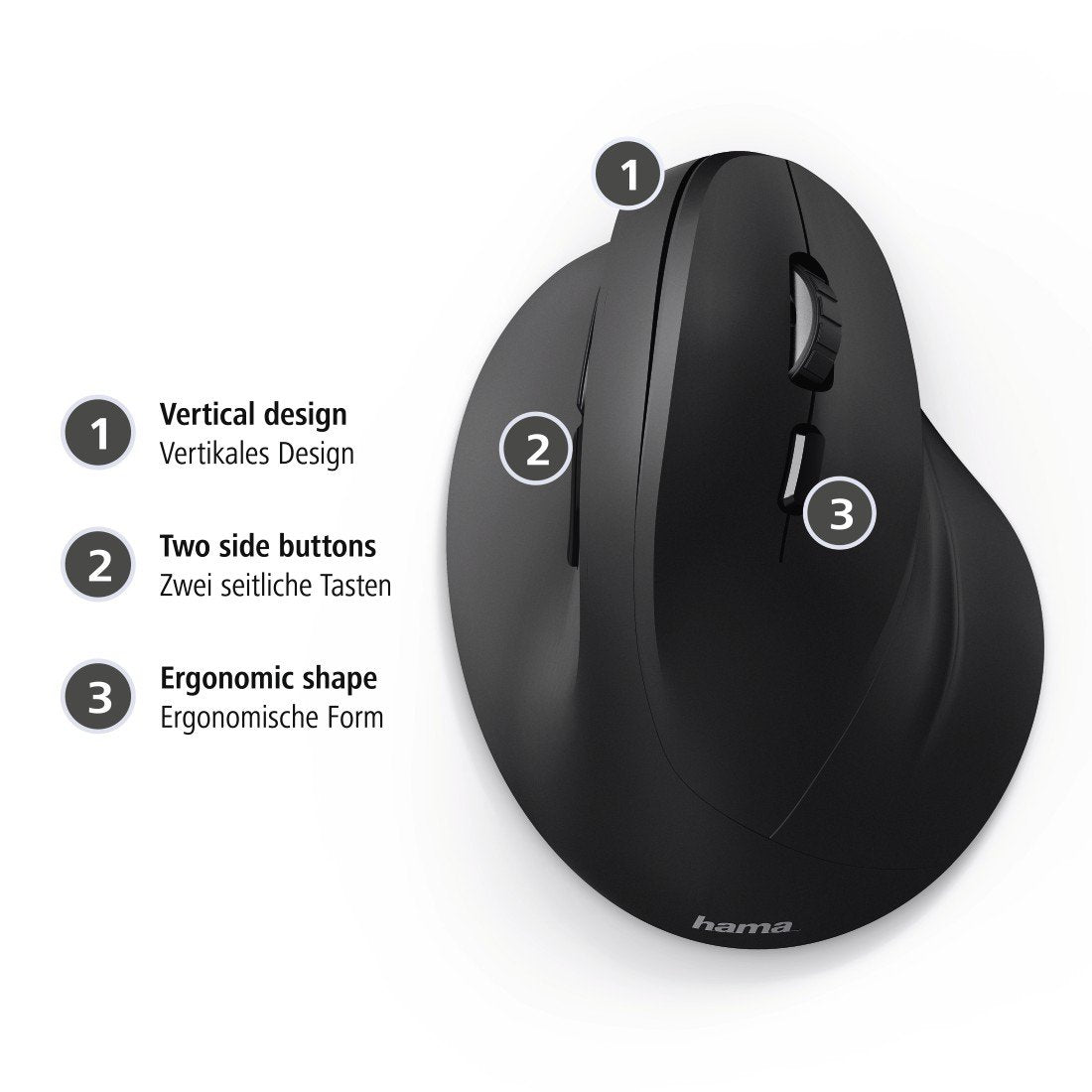 Hama | Ratón Emc-500 Con Cable, Ratón Ergonómico, Hasta 1800 Ppp, 6 Botones, Color Negro
