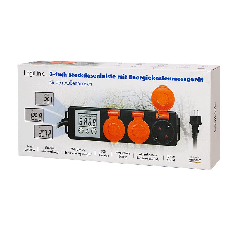 Regleta De Enchufes Exterior De 3 Vías, Medidor De Consumo Energético, Ip44, Pantalla Lcd De 2,0" Y Tapas Protectoras.