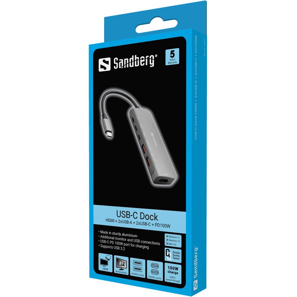 EAN 5705730136658 - Sandberg USB-C Dock HDMI + 2xUSB-A + 2xUSB-C + PD100W Alámbrico USB 3.2 Gen 1 (3.1 Gen 1) Type-C Aluminio imagen 3