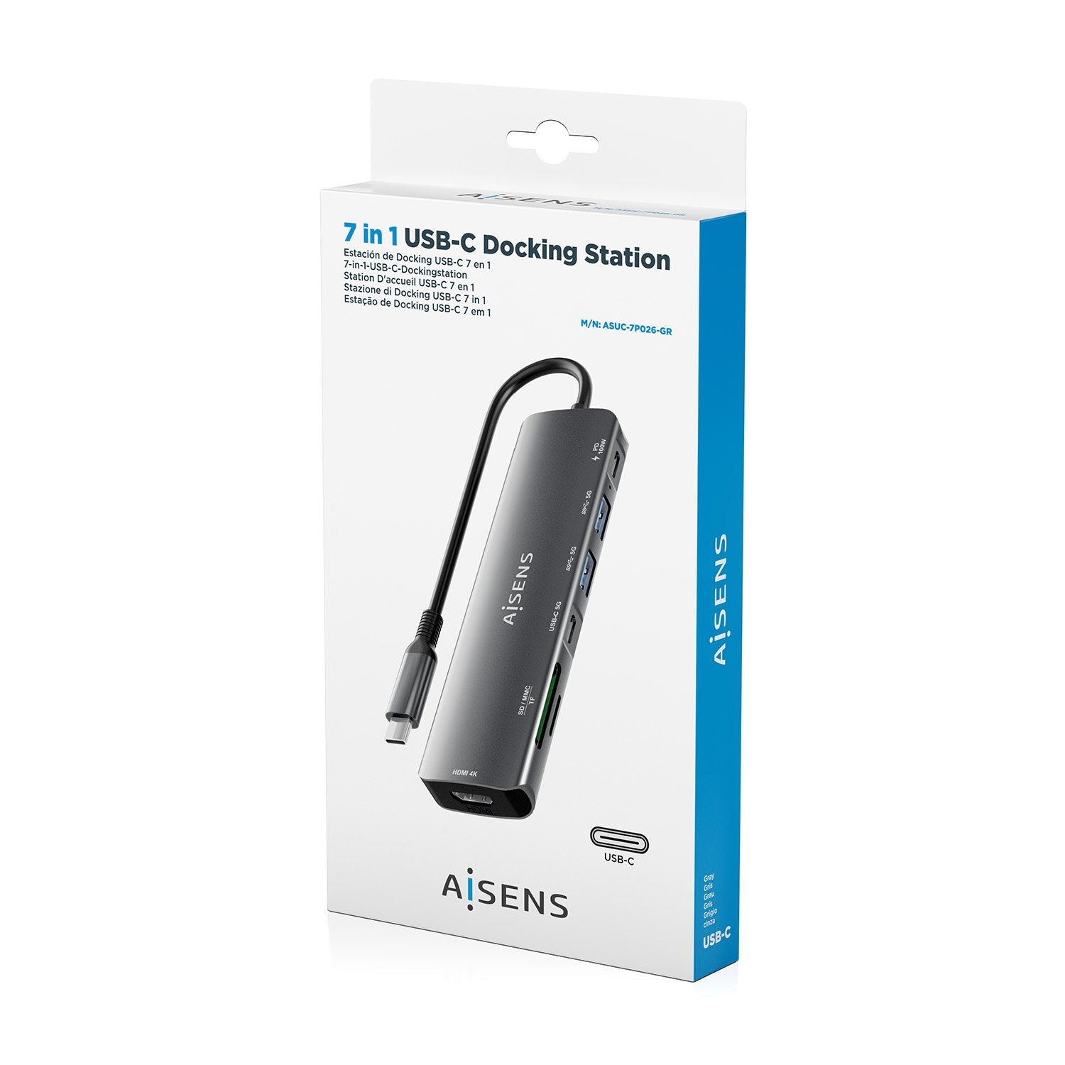 Aisens Usb-C Dock 7 En 1, Usb-C A 1xhdmi, 2xusb-A, 1xusb-C, 1xusb-C Pd 100w, 1xsd, 1xmicro Sd, Gris, 15cm